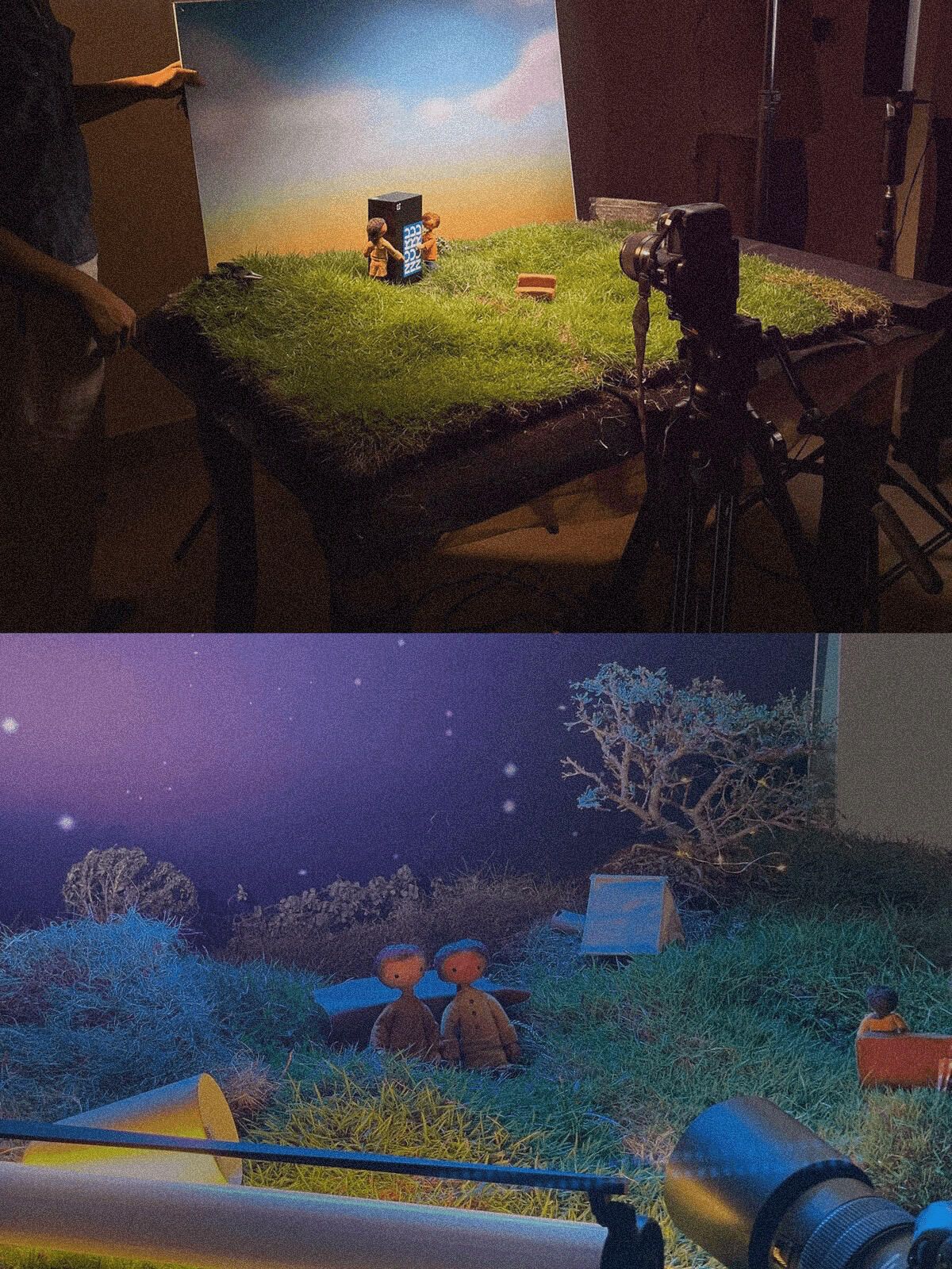 The miniature hill set lit on a tabletop, day and night