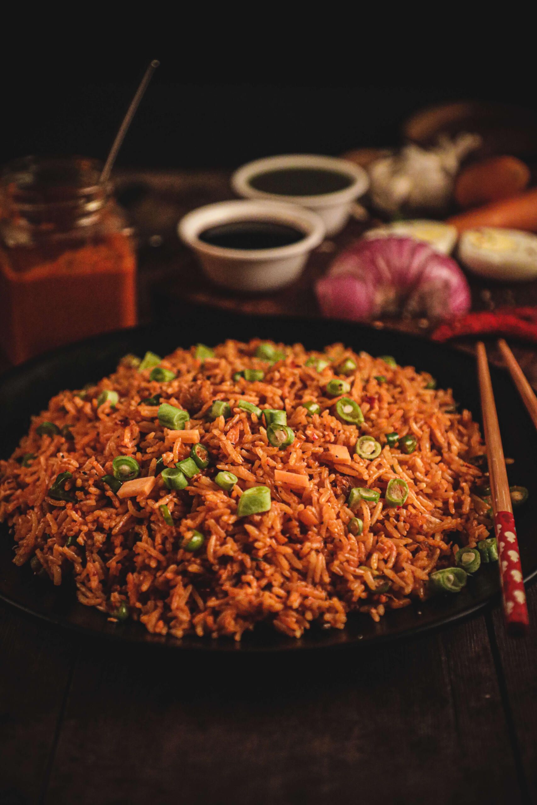 A plate of fried rice, styled
