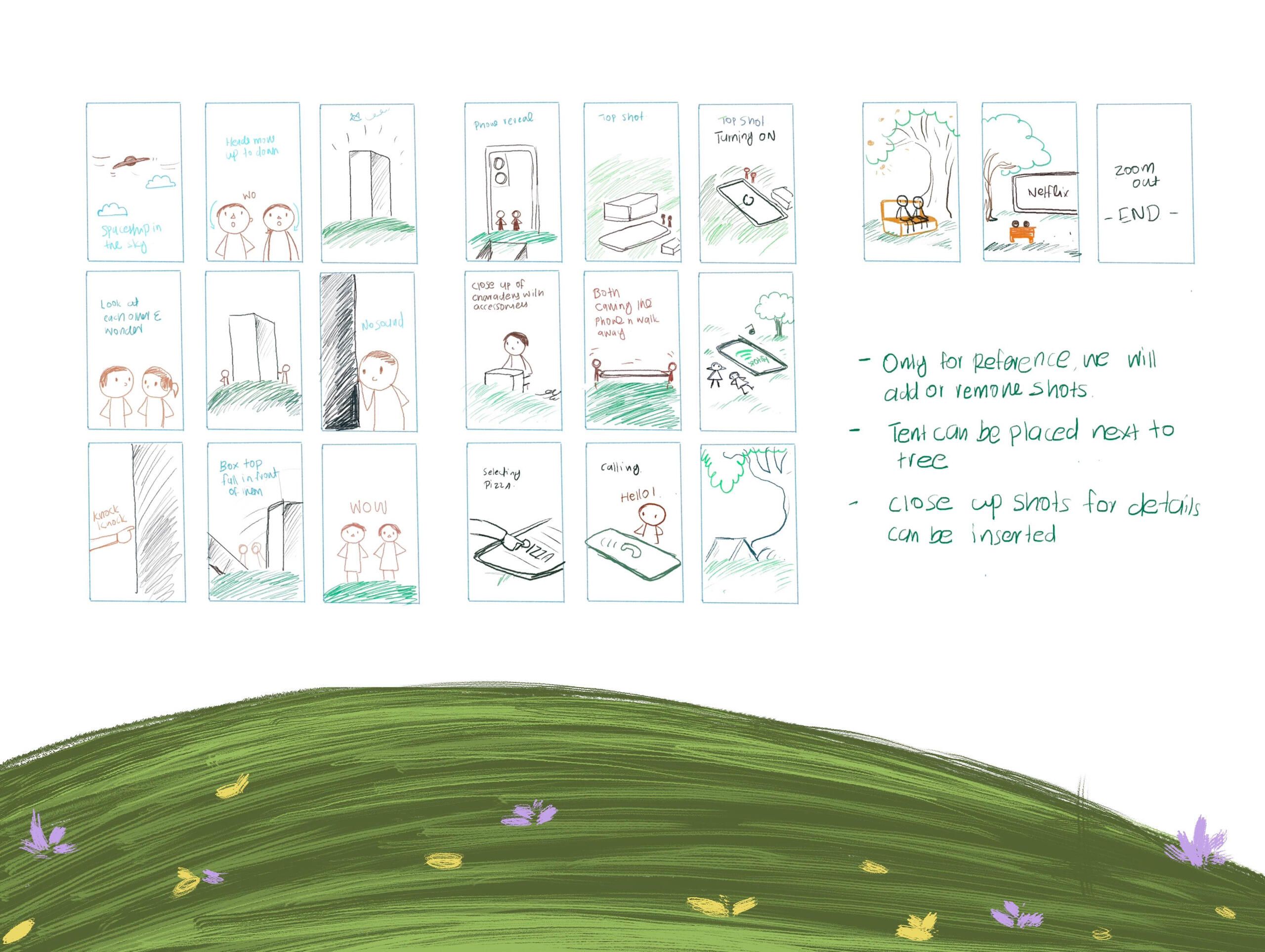 Hand-drawn storyboard panels for the OnePlus film
